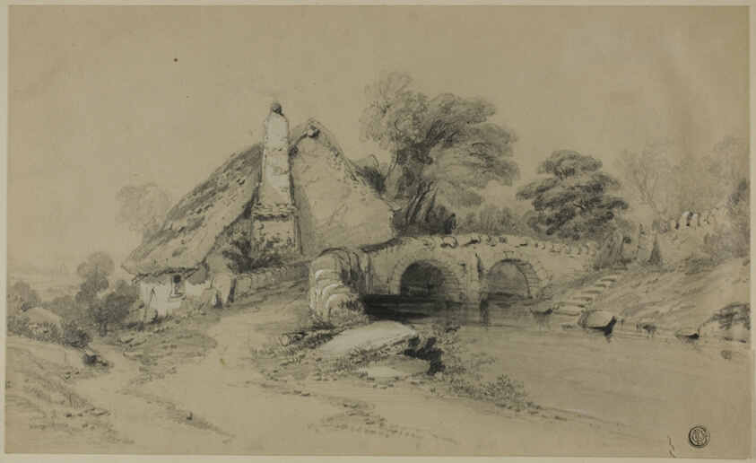 Farm with Thatched Roof Near Stone Bridge