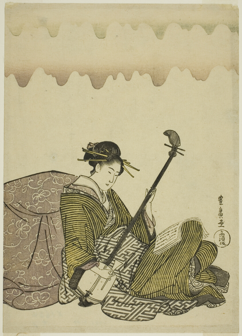 Woman playing shamisen, from an untitled series of women at leisure