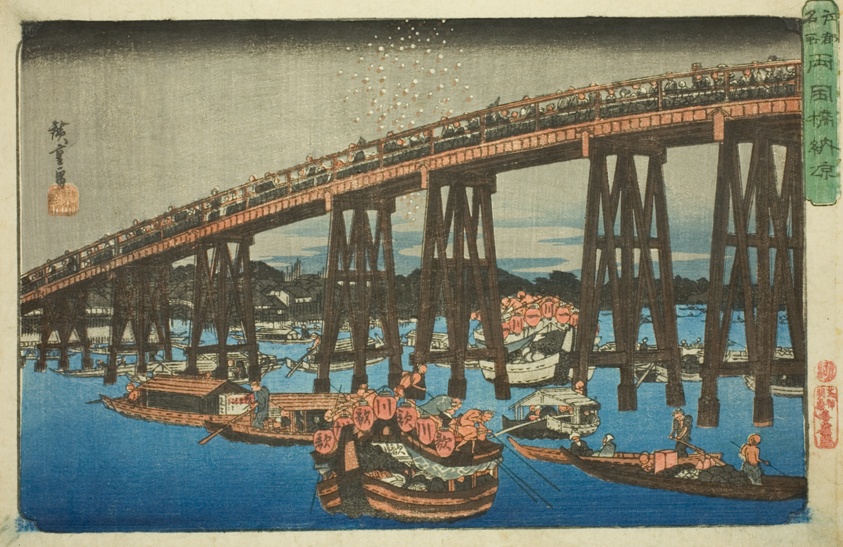 Cooling off at Ryogoku Bridge (Ryogokubashi noryo), from the series "Famous Places in Edo (Koto meisho)"