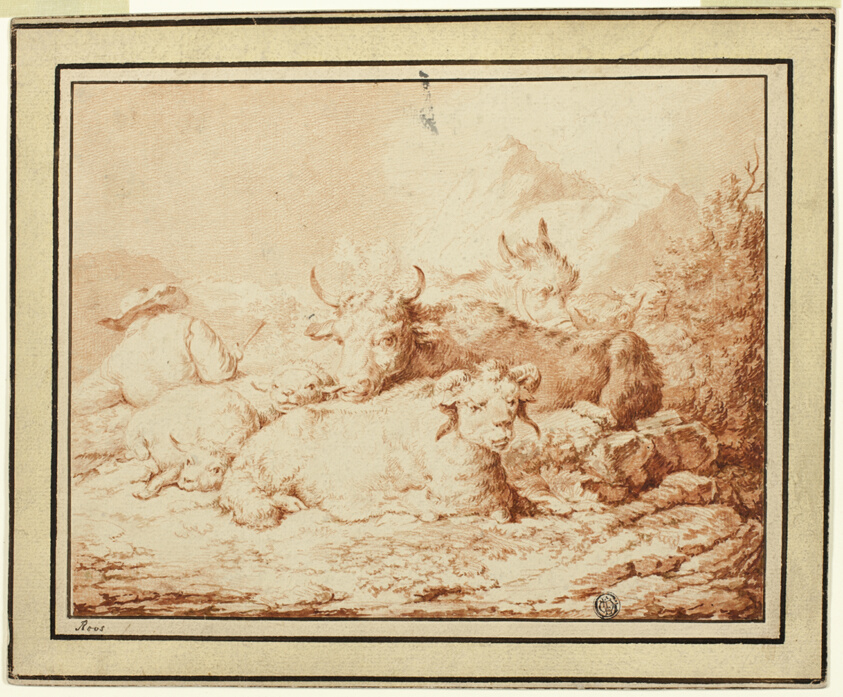 Cattle and Sheep with Herdsman in Rocky Landscape