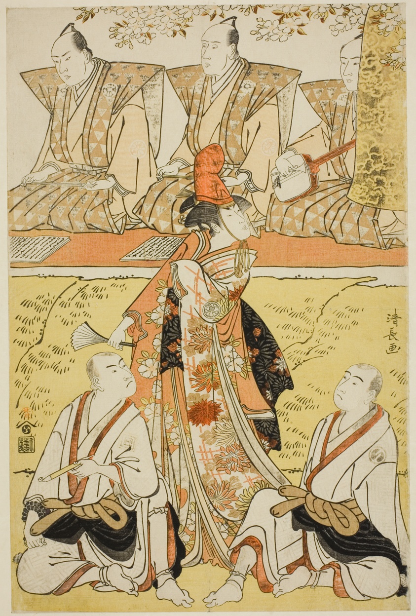 The Actors Segawa Kikunojo III as Koito, Sawamura Sojuro III as the monk Sainenbo, and Ichikawa Monnosuke II as the monk Renseibo, in the shosa "Mata Saku Hana Museume Dojoji," performed at the Nakamura Theater in the fourth month, 1783