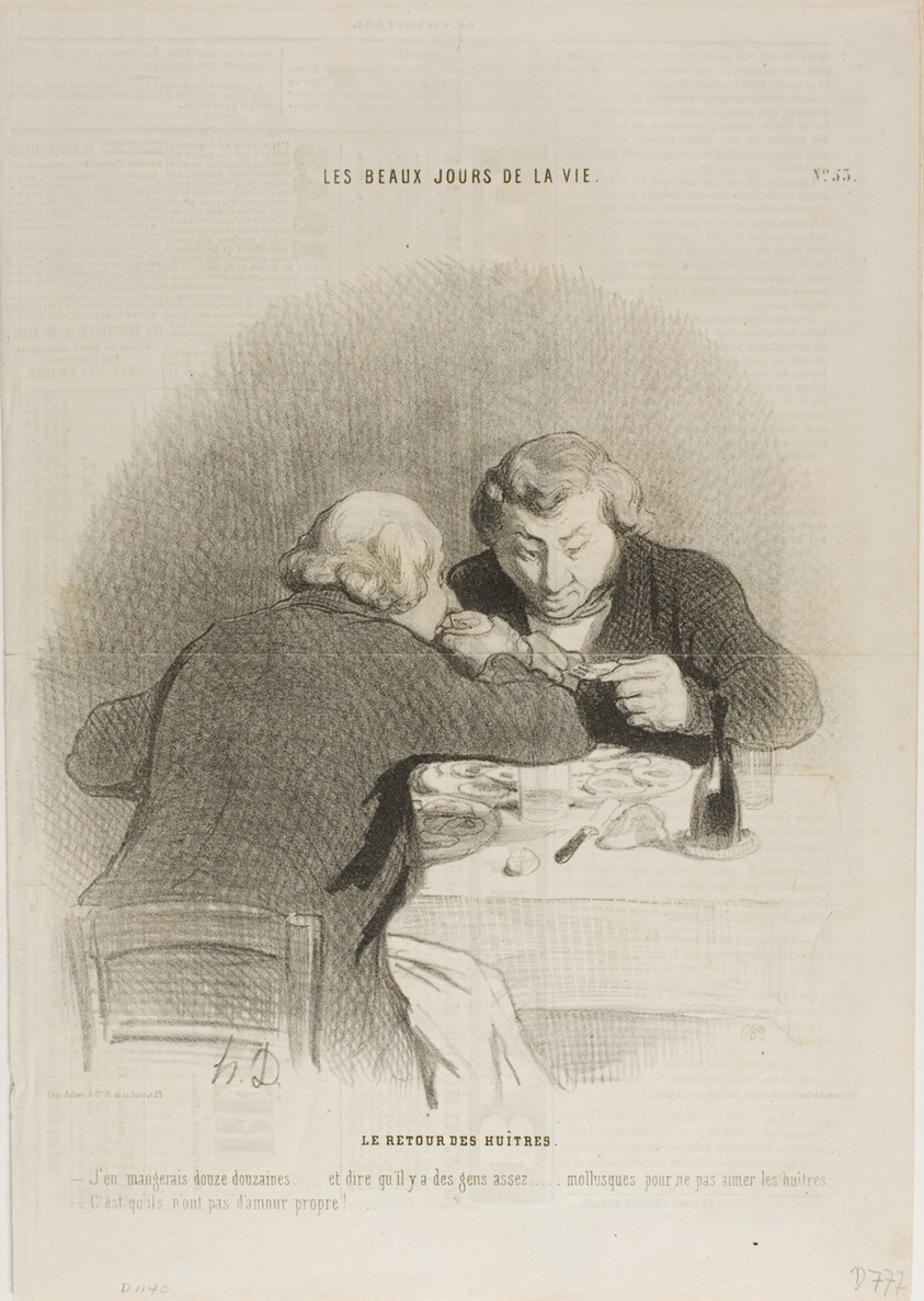 The Return of the Oyster Season. “- I could eat twelve dozens of them… just imagine that there are people who don't like oysters… - They just have no self respect…,” plate 53 from Les Beaux Jours De La Vie