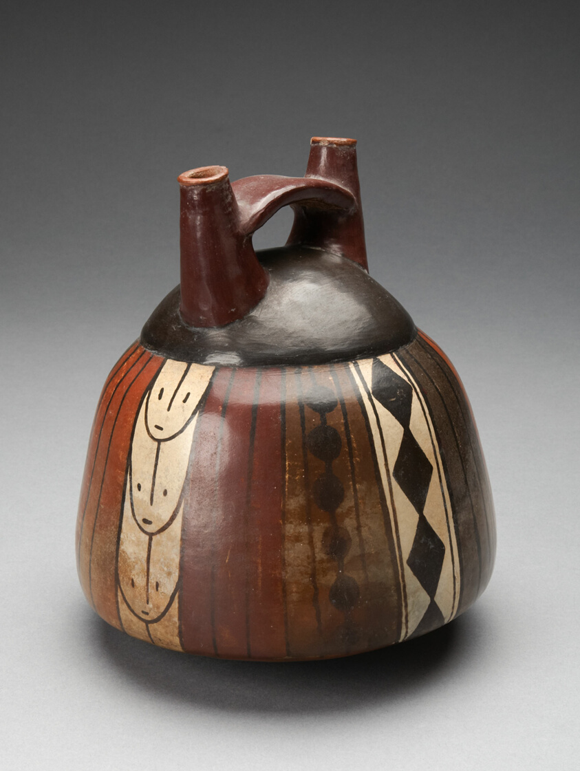 Double Spout Vessel with Vertical Bands of Geometric Motifs