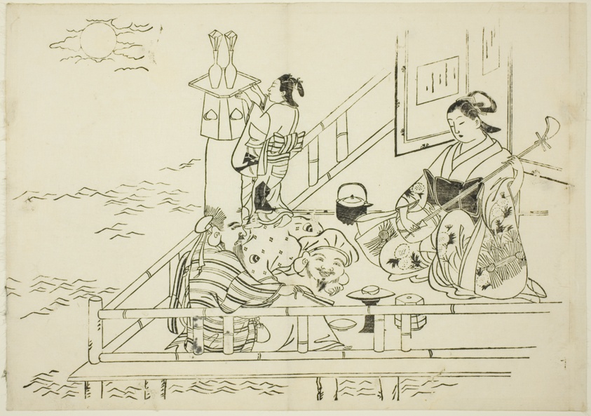 Courtesan entertaining Daikoku and Fukurokuju, no. 10 from a series of 12 prints