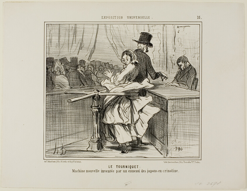 The Turnstile. A new machine invented by the enemy of crinoline petticoats, plate 15 from L'exposition Universelle