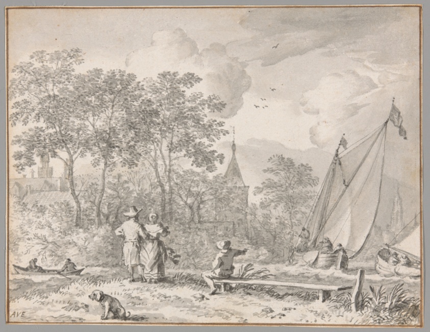 Landscape with Elegant Figures by a River, with Boats to the Right and a Town Behind Trees Beyond