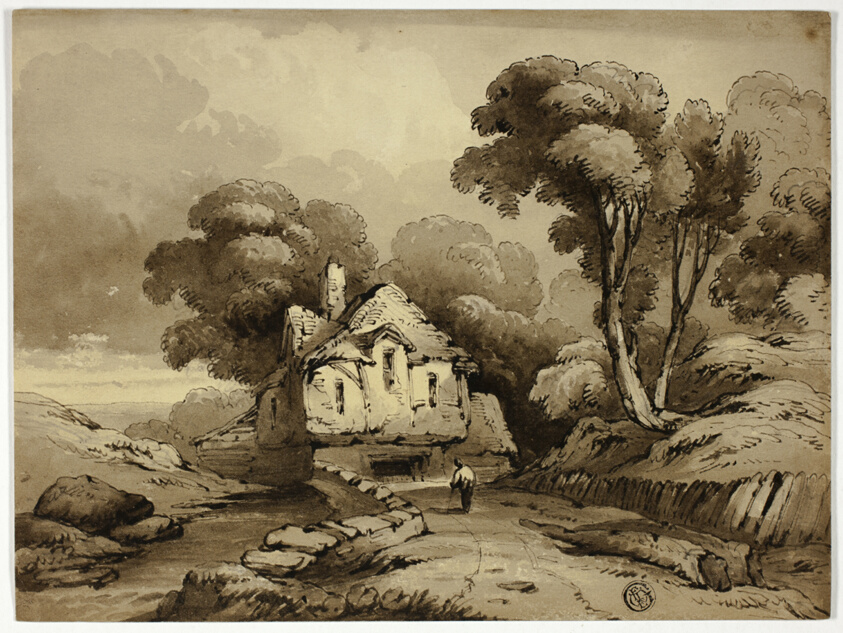 Cottage Beside Winding Road in Wooded Landscape