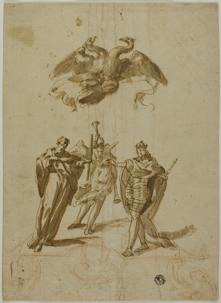 Allegorical Subject: Two-headed Imperial Eagle on Clouds; On Ground, a Draped Figure, a King and a Figure of Fame