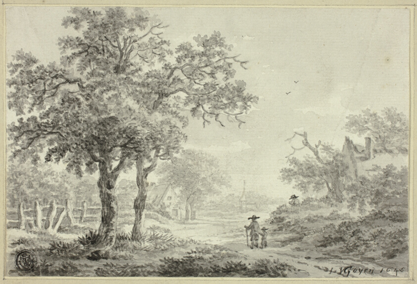 Man and Boy Walking Down Village Road