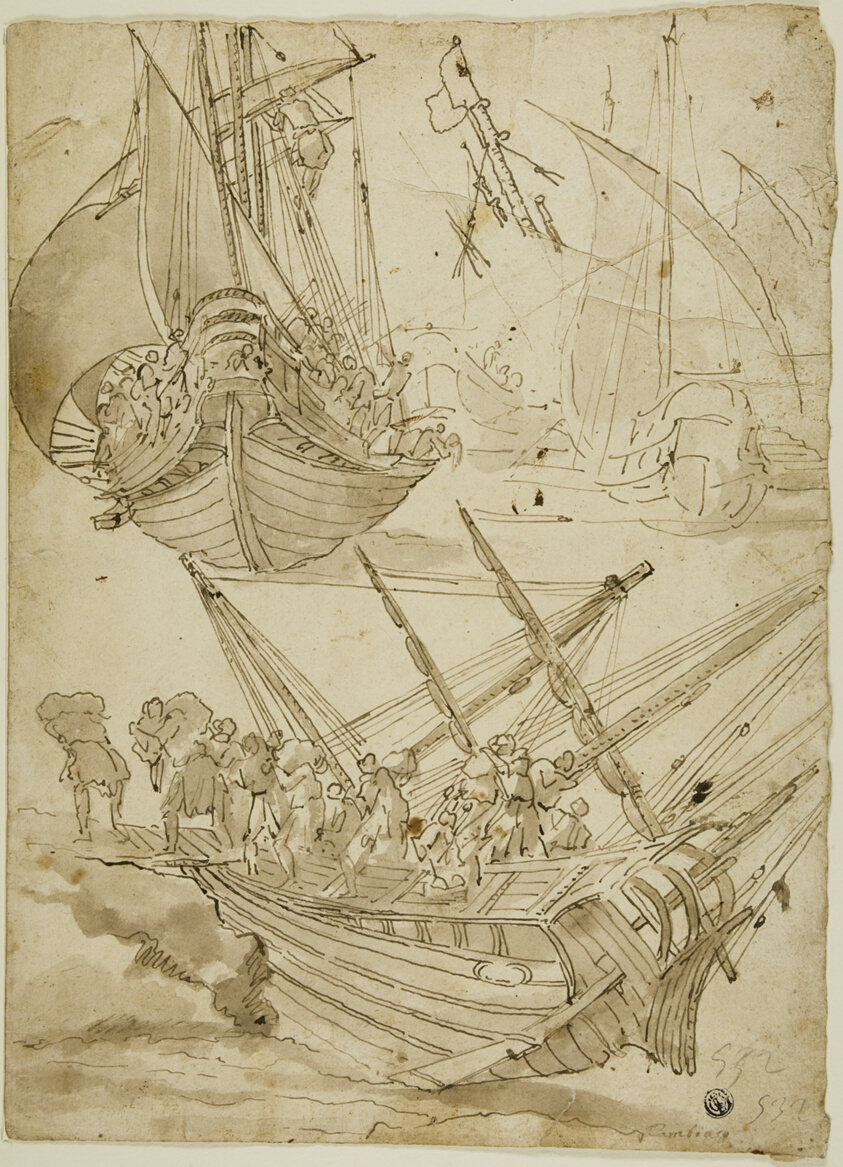 Crew Abandoning Ship (recto) Sketches of Corinthian Columns (verso)