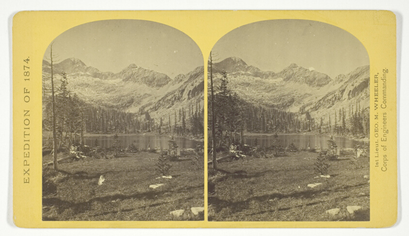 Alpine Lake, in the Cerro Blanco Mountains, Colorado. One of a group of ten lakes at the main head of Ute Creek. 11.000 feet above sea-level. Cerro Blanco Peak rises 14.269 feet abov the sea, lying to the westward, No. 45 from the series "Geographical Explorations and Surveys West of the 100th Meridian"