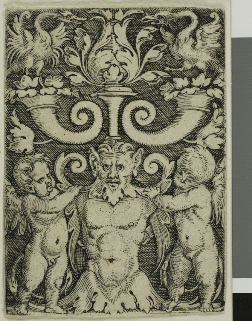 Ornament with a Male Half-Length Between Two Genii