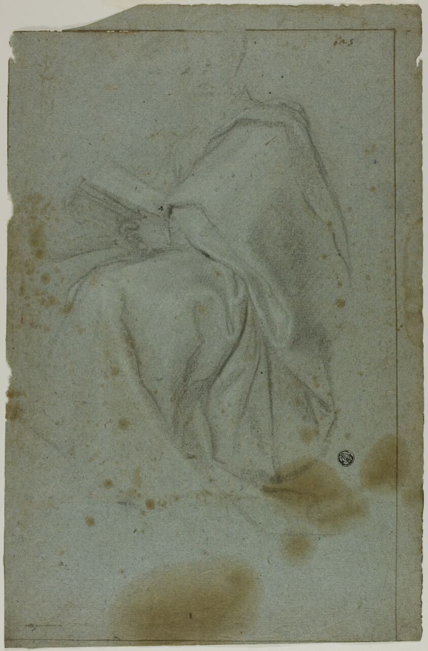 Seated Draped Male Figure with Book (recto); Two Seated Women with Sketch of Left Hand (verso)