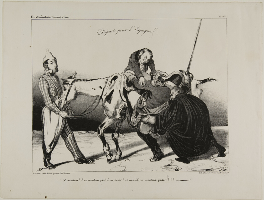 Departure for Spain. “He will mount! he will not mount! he will mount! and no, he will not mount!!!,” plate 498