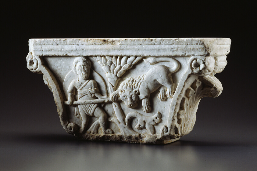 Capital with Man Fighting a Lion (recto); Man Riding a Griffin (verso)