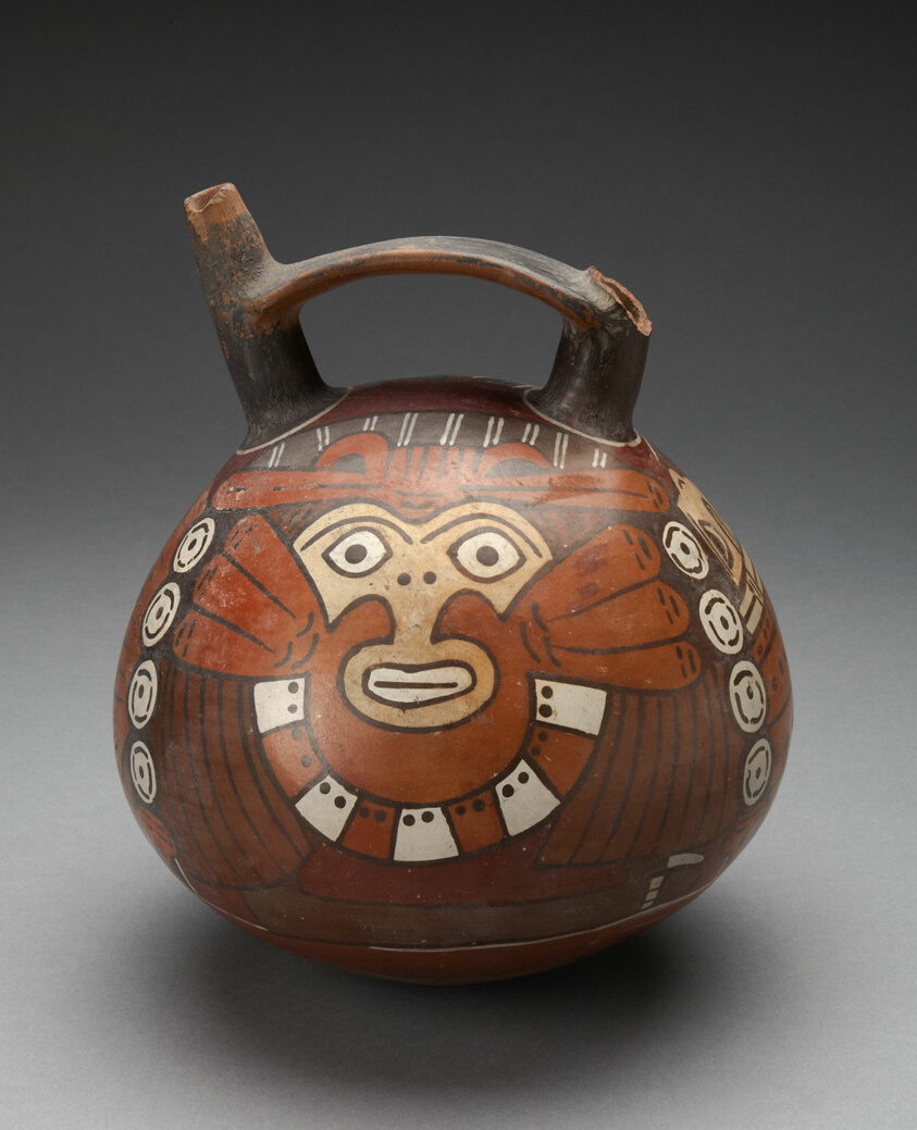 Double Spout Vessel Depicting Costumed Figure Wearing Feline Mask