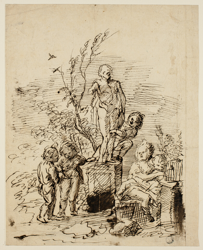 Children Playing near Statue in Garden