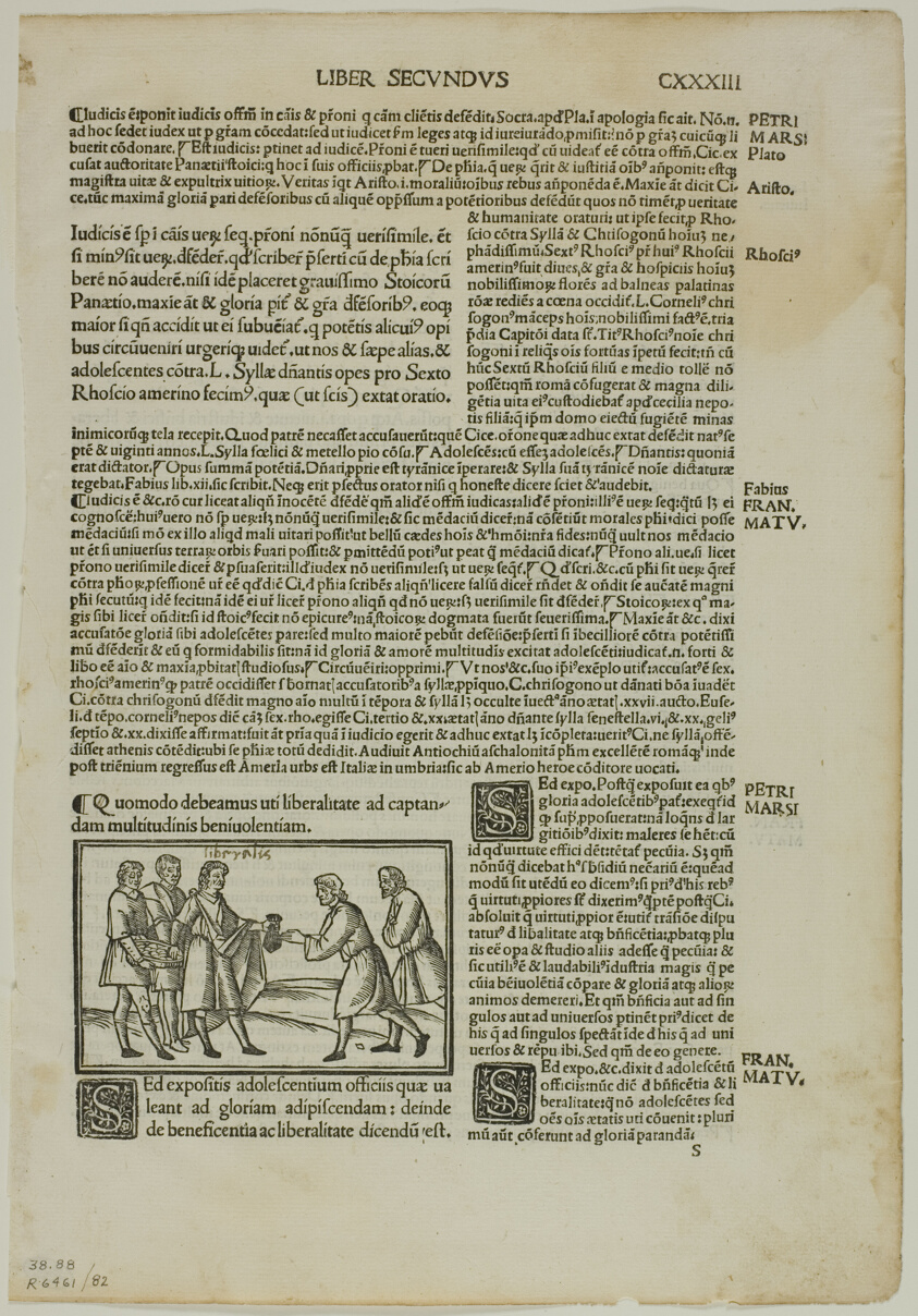 Quomodo debeamus uti liberalitate ad captandam multitudinis beniuolentiam (How We Must Use Liberality to Capture the Favor of the Multitude) from De Officiis by Cicero, plate 82 from Woodcuts from Books of the XVI Century