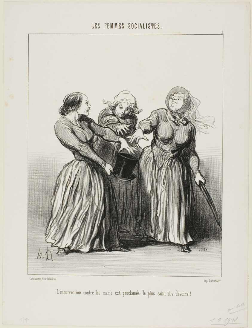 Insurrection against husbands is proclaimed as being the first and holiest duty in life!, plate 1 from Les Femmes Socialistes