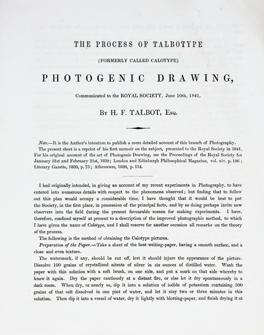 The Process of Talbotype (formerly called Calotype) Photogenic Drawing