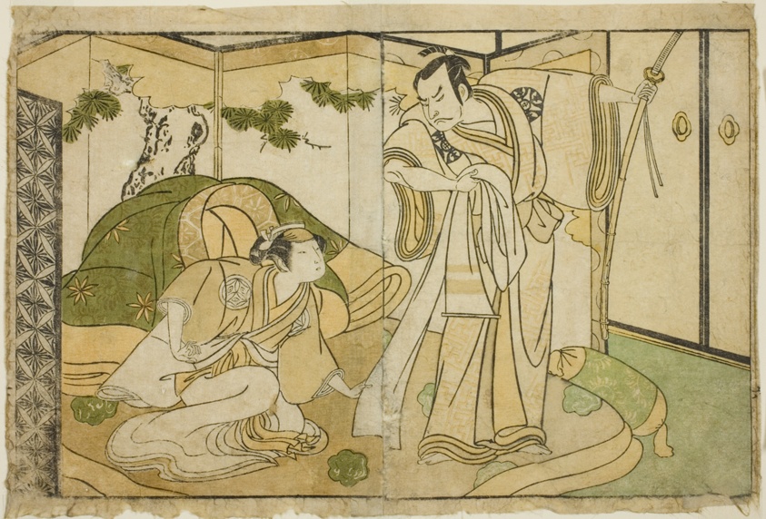 The Actors Nakamura Nakazo I as Taira no Kiyomori (right), and Yamashita Kinsaku II as Tokiwa Gozen (left), in the Play Nue no Mori Ichiyo no Mato, Performed at the Nakamura Theater in the Eleventh Month, 1770