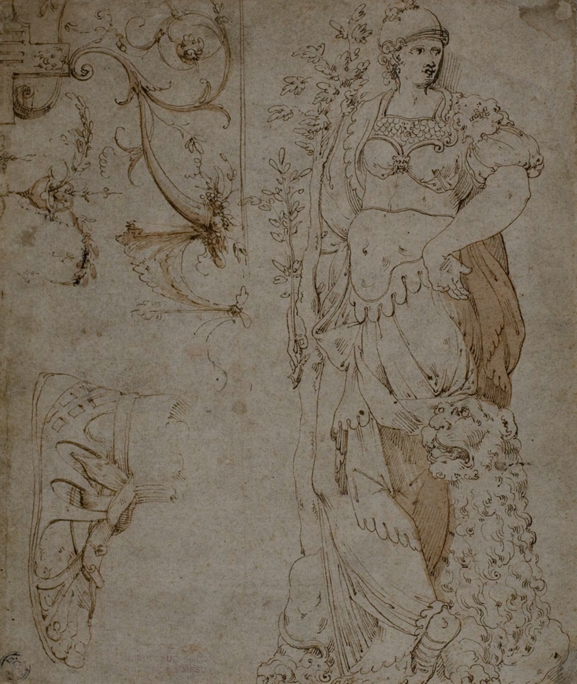 Three Sketches: Fortitude, a Sandal, and Grotesques (recto); Sketches of Grotesques, and Roman Cuirass (verso)