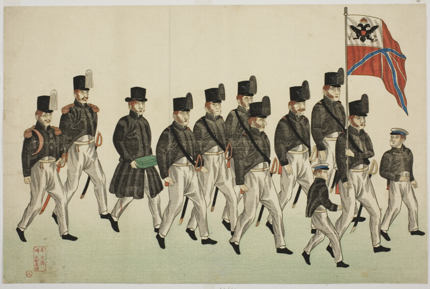 Procession of Russian Officers, from the Album of seven prints of Russian Army and Warship (Roshia seigi shashin kan)