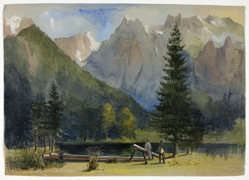 Two Men by Pond below Alps