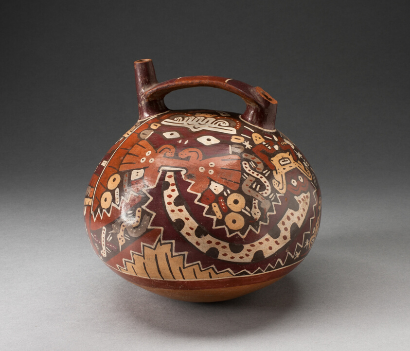 Double Spout Vessel Depicting Costumed Ritual Performer with Intricate Streamers