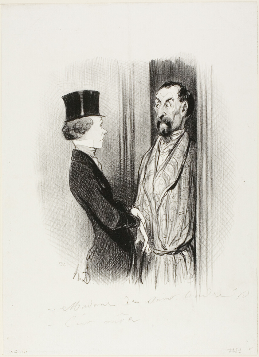 The Rendez-Vous. “- Madame Eudoxie Blancminet? - That's me, Monsieur... what can I do for you?,” plate 44 from Les Beaux Jours De La Vie