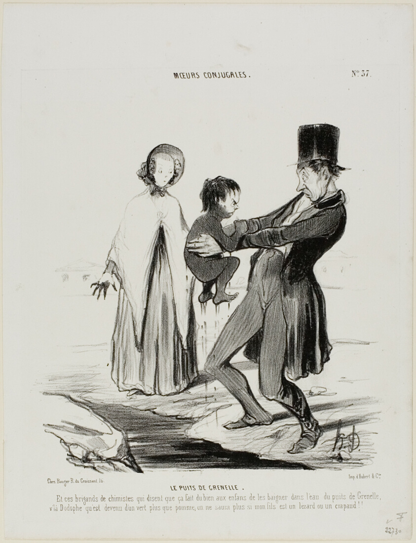 The Wells of Grenelle. “And these scoundrels of chemists are claiming that it is good for children to bathe in the wells of Grenelle! Here is Dodolphe who has turned more green than an apple.... one hardly knows whether he is a lizard or a toad,” plate 37 from Moeurs Conjugales