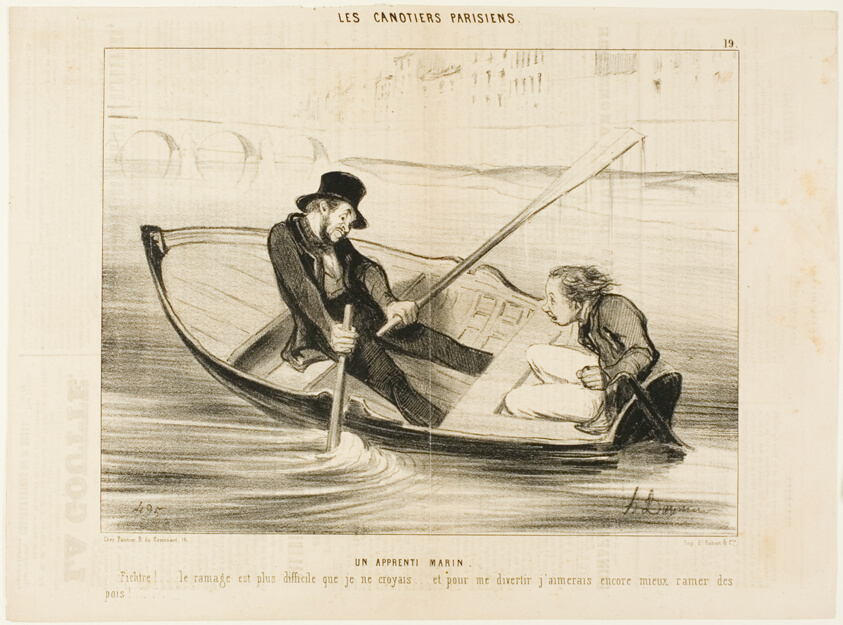 The Novice Sailor. “Devil... rowing is much more difficult than I thought! And to really enjoy myself I would rather stick peas.,” plate 19 from Les Canotiers Parisiens