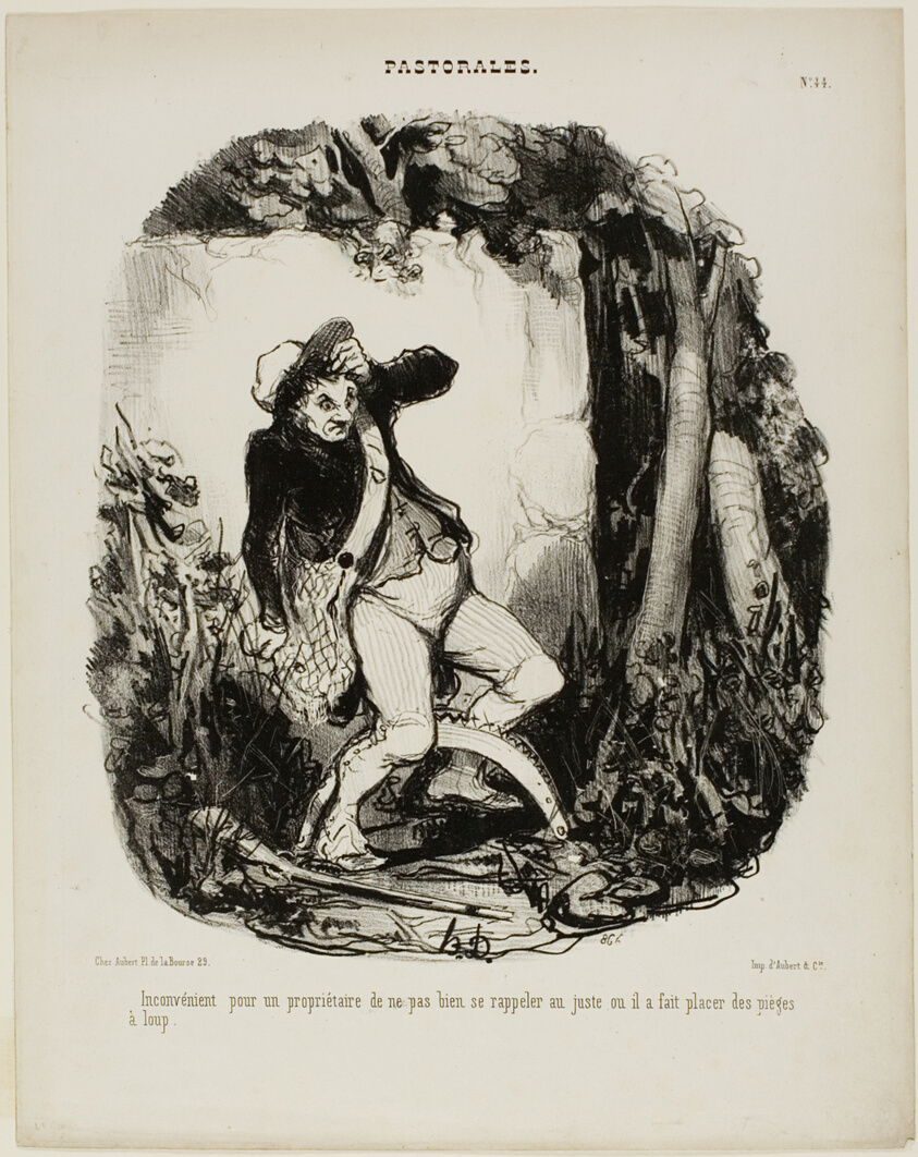 Quite embarrassing not to remember where one has hidden the wolf traps, plate 44 from Pastorales
