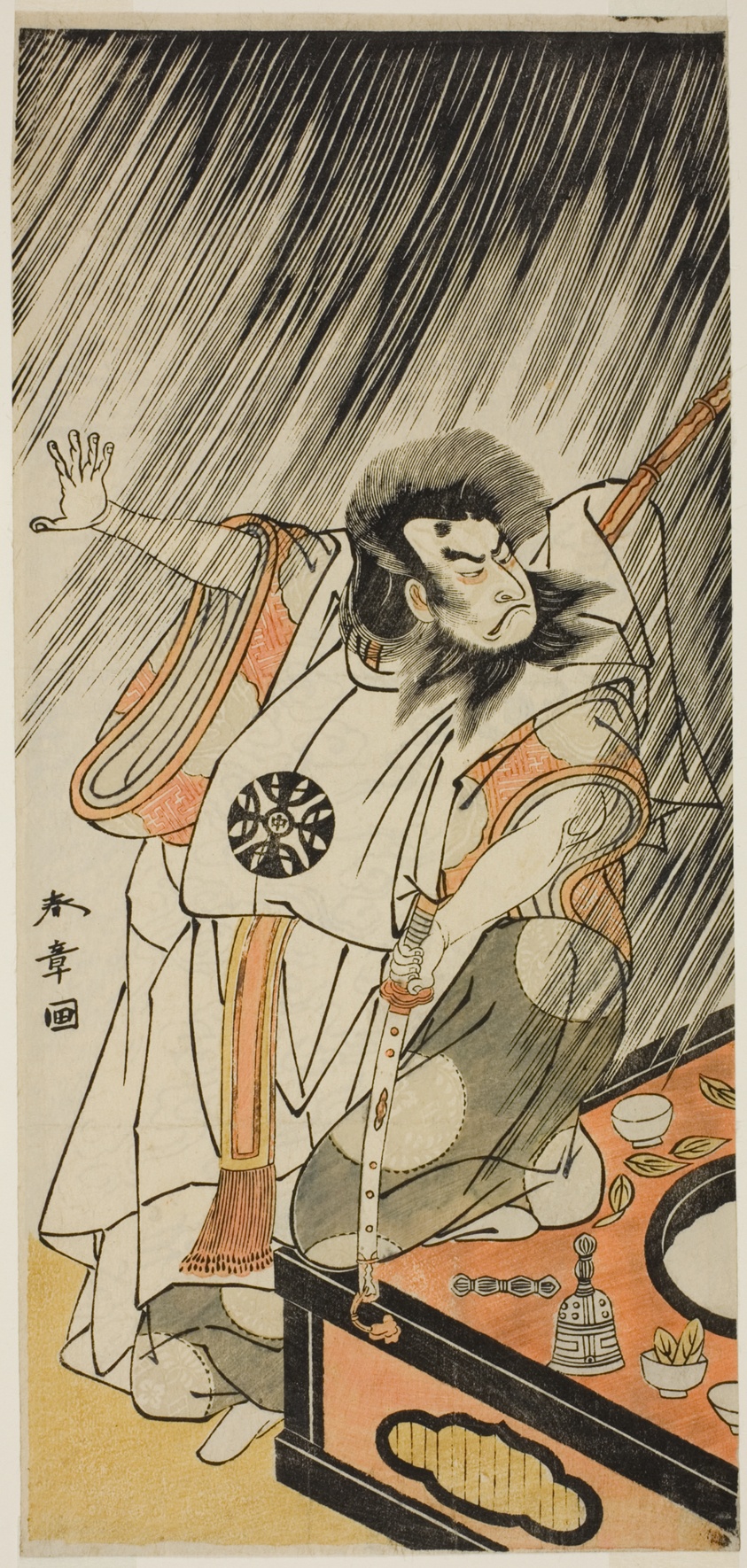 The Actor Nakamura Nakazo I in the Role of an Evil Courtier, Probably Prince Takahito, Illegitimate Son of Emperor Takakura, Disguised as Aso no Matsuwaka, in Part One of the Play Iro Moyo Aoyagi Soga (Green Willow Soga of Erotic Design), Performed at the Nakamura Theater from the Thirteenth Day of the Second Month, 1775
