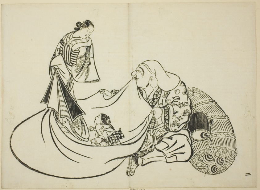 Daikoku revealing the contents of Hotei's bag, no. 2 from the series of 12 prints