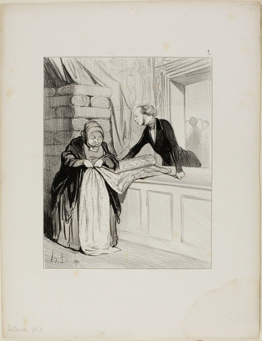 The Salesman's Hoax. – A Design Out of Fashion. "This kind of fabric has a delightful shade; Madame is the first to whom I have shown it.... all our young women are going to tear each other apart for it. What a charming design.... it would look marvellous on such an elegant form.... you absolutely need this, Madame," plate 2 from Les Carottes
