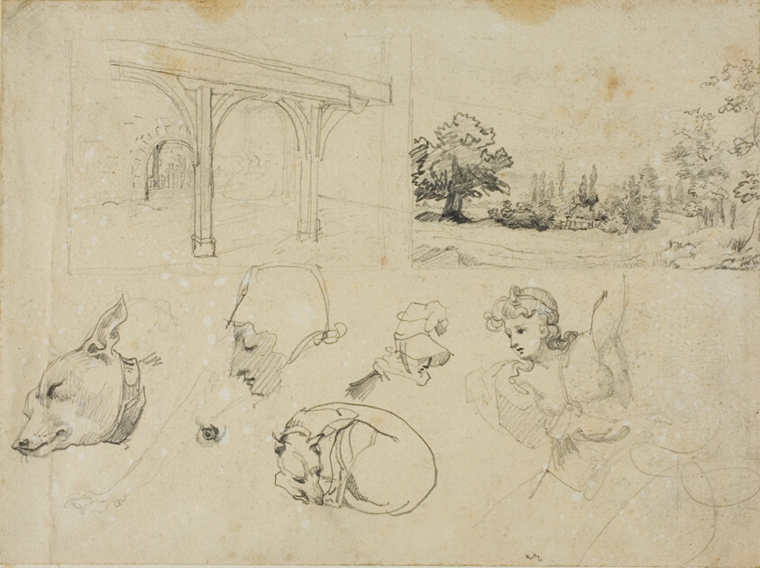 Sketches of A Shed, A Landscape, Dogs and Various Figures