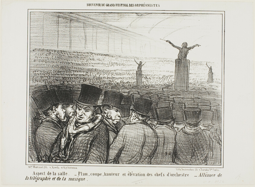 View of the grand hall. Map, height and view from front of the conductor. Grand alliance between telegraph and music, plate 1 from Souvenir Du Grand Festival Des Orphéonistes