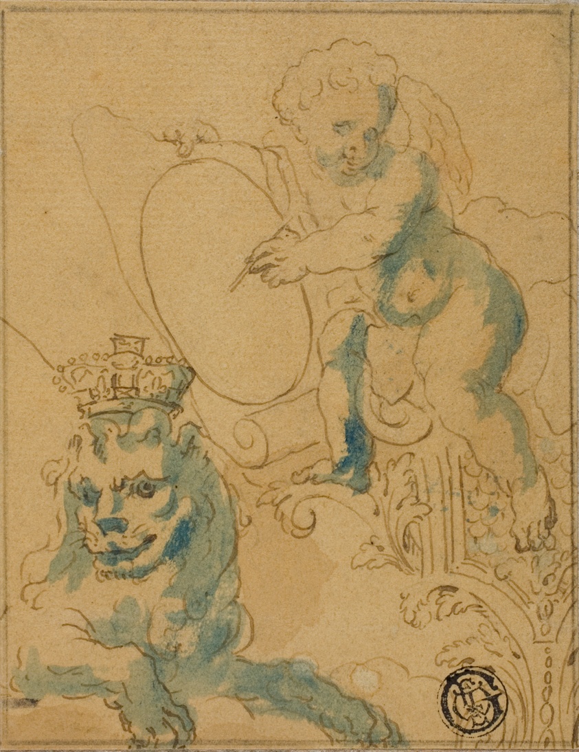Section of Ceiling Decoration with Cupid with Scroll and Lion with Crown