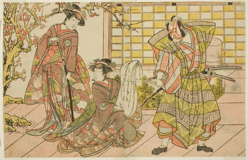 The Actors Ichikawa Danjuro V as Miura Kunitae (right), Segawa Kikunojo III as Yasukata (center), and Iwai Hanshiro IV as Utou (left), in the Play Godai Genji Mitsugi no Furisode, Performed at the Nakamura Theater in the Eleventh Month, 1782