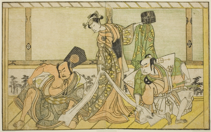The Actors Otani Hiroji III as Kawazu no Saburo (right), Segawa Kikunojo II as Princess Tatsu (Tatsu Hime) (center), and Nakamura Sukegoro II as Matano no Goro (left), in the Play Myoto-giku Izu no Kisewata, Performed at the Ichimura Theater in the Eleventh Month, 1770