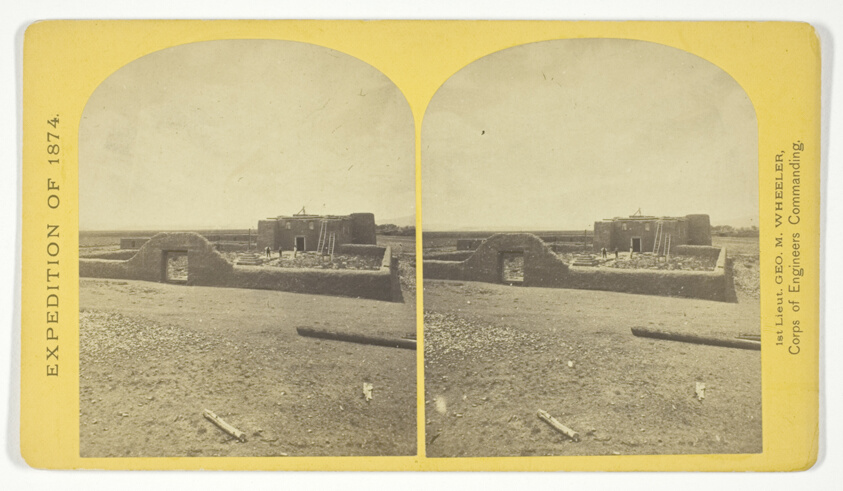 Roman Catholic Church, Plaza of Guadaloupe, Guadaloupe Co., Colorado. Built not many years since of adobes. Dimensions, length 120 feet; width 60 feet; height 25 feet. Grave yard in the foreground surrounded by an abode wall about 6 feet in height, No. 34 from the series "Geographical Explorations and Surveys West of the 100th Meridian"