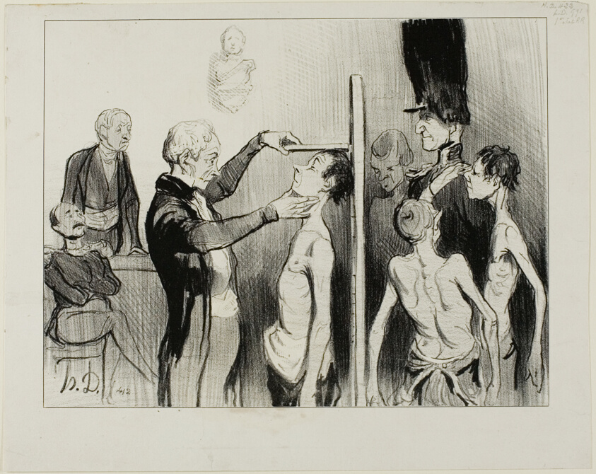 The Recruiting Board. “Isn't it a glorious sight: these noble young Frenchmen full of ardour, strength and elegance ready to defend their honour under the flags of Mars,” plate 35 from Caricatures Du Jour