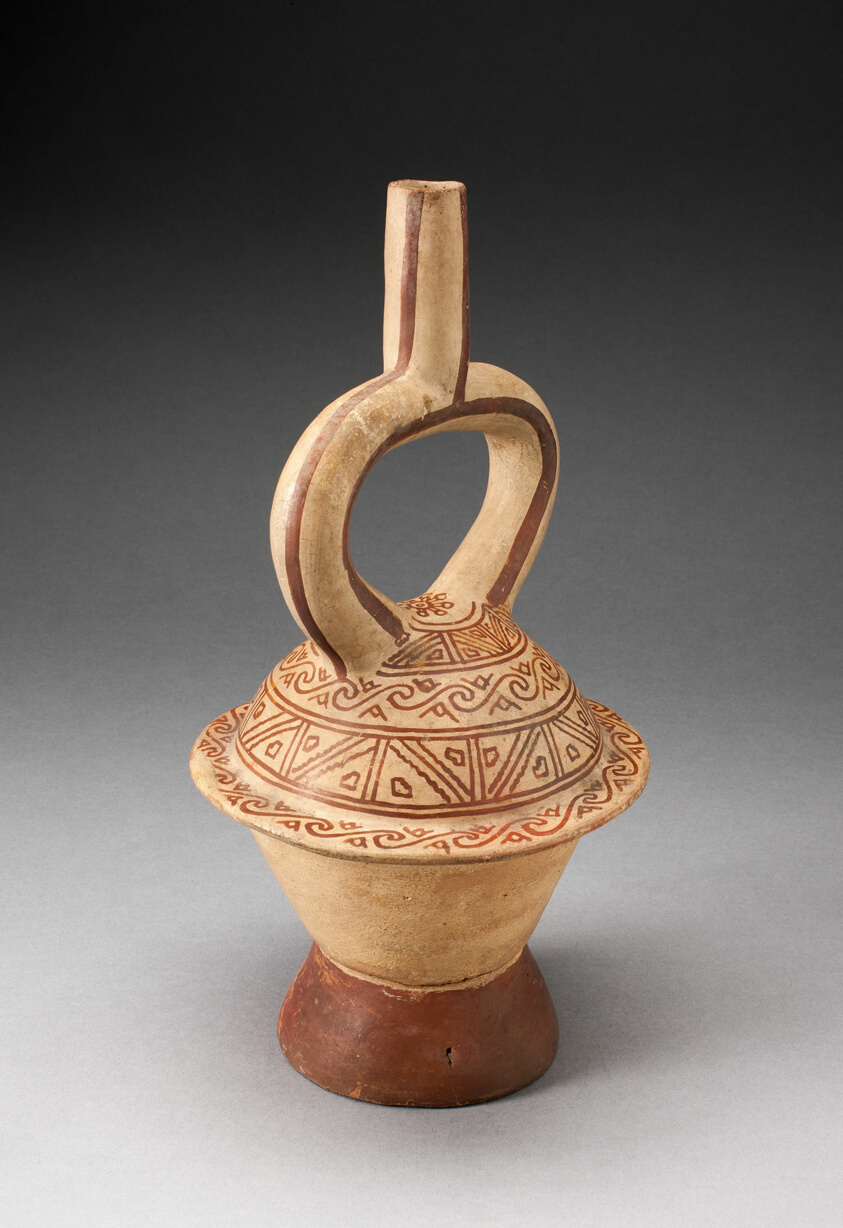 Stirup Spout Vessel in Form of a Covered Bowl with Geometric Patterning