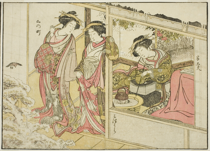 Courtesans of the Nakaomiya, from the book "Mirror of Beautiful Women of the Pleasure Quarters (Seiro bijin awase sugata kagami)," vol. 2