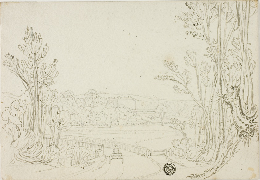 Cart Heading over Bridge Between Trees; Villa in Distance