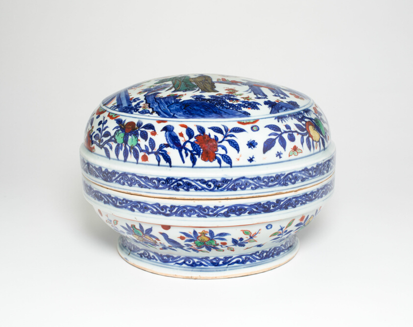 Covered Box with Scholars in a Garden Encricled by Birds, Fruits, and Flowers
