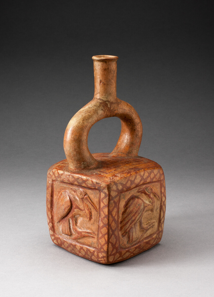Square Stirrup Spout Vessel with Raised Bird Motifs