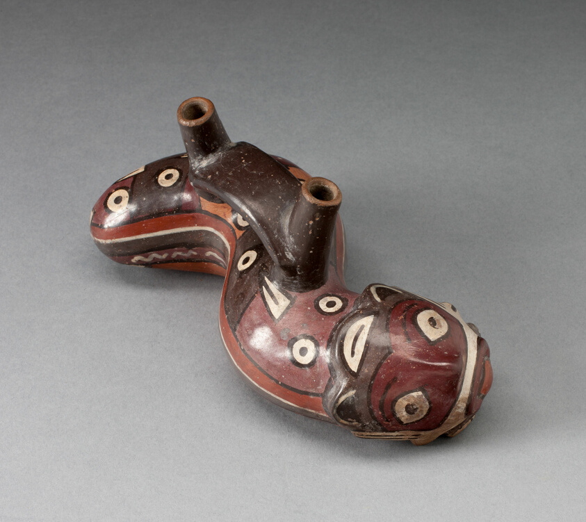 Vessel in the Form of a Serpent Wearing a Feline Mask Covered with Abstract Motifs