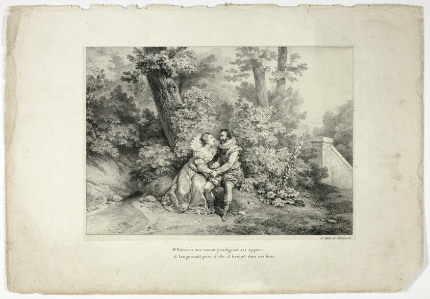 Henri IV and Gabrielle d'Estrées in the Gardens of Anet, plate fifteen from La Henriade